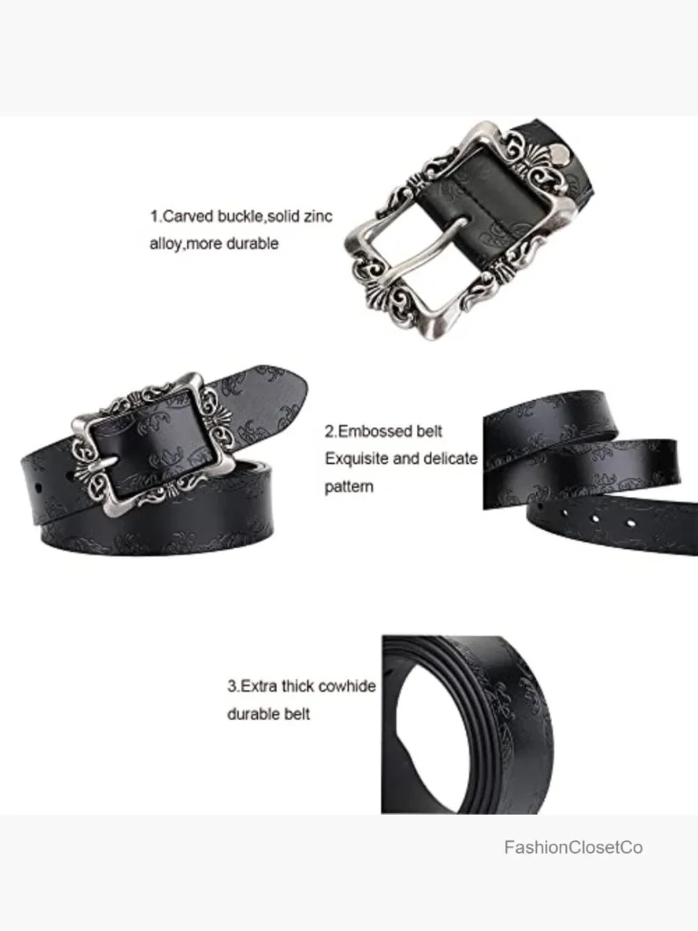 Vintage Genuine Leather Belt for Women, Adjustable, Antique Buckle